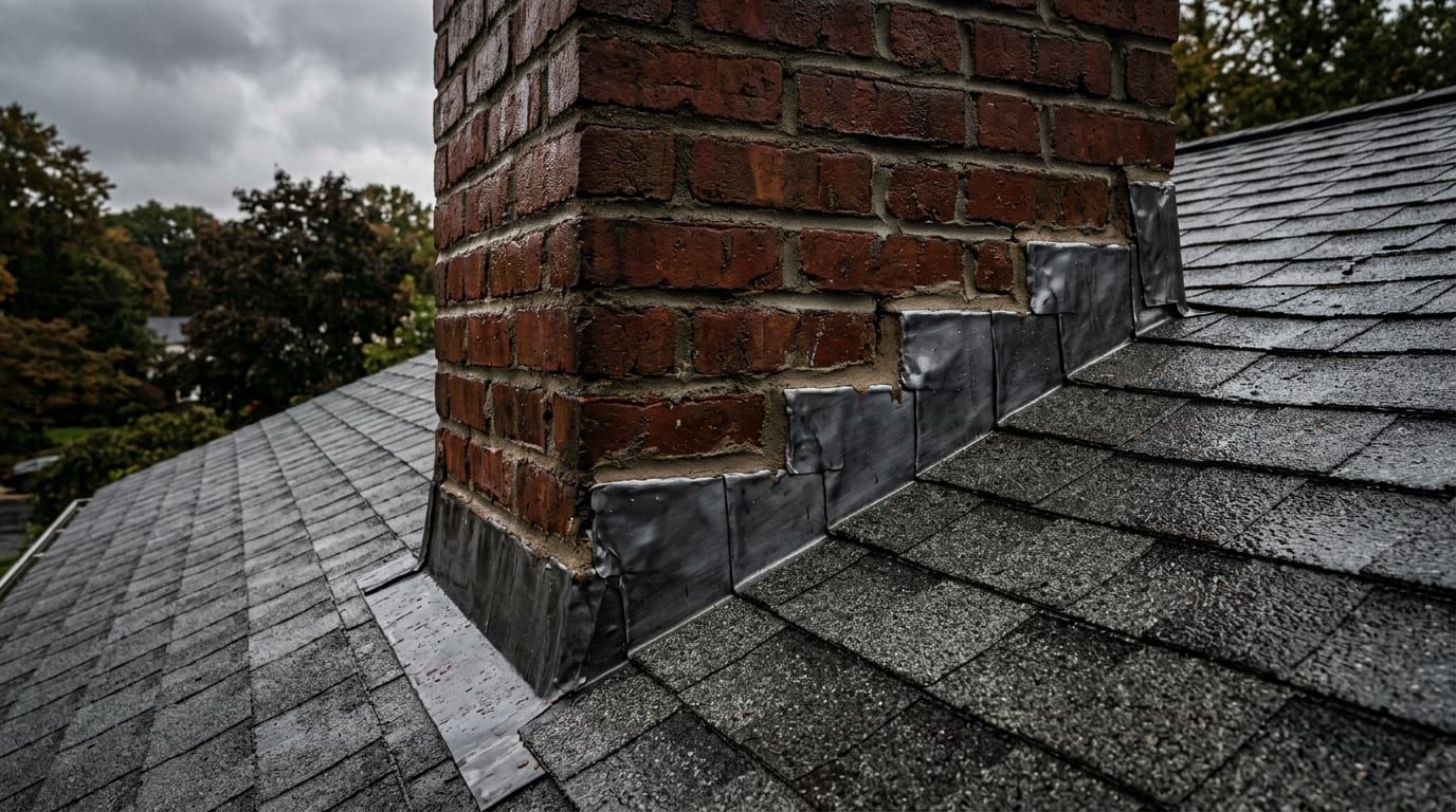 A technician resealing flashing where a chimney meets the roof