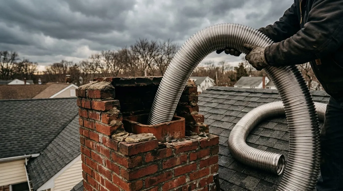 A new flue liner being installed inside a masonry chimney